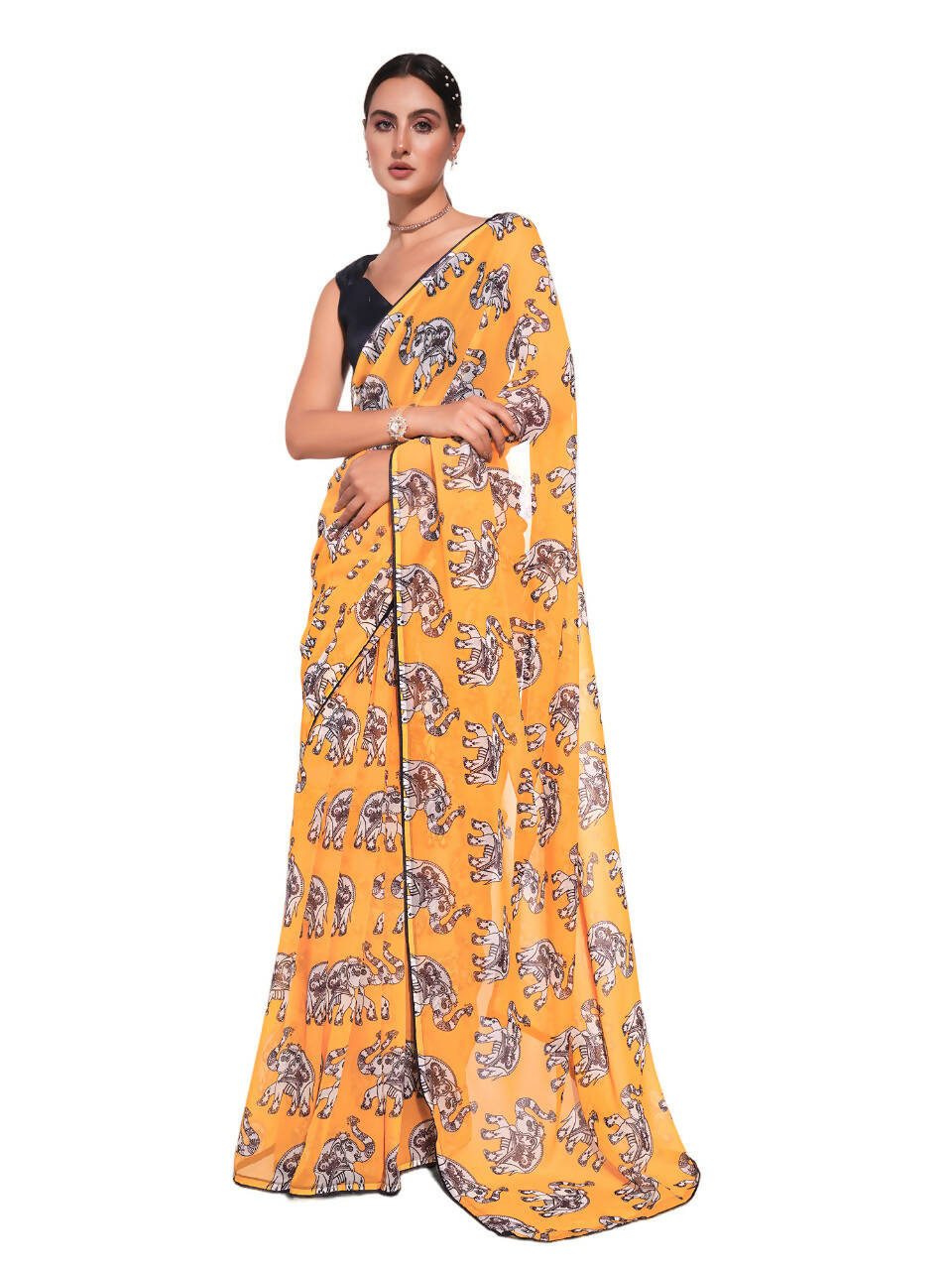 Yellow Georgette Animal Printed Saree With Unstitched Blouse Piece - Rajal