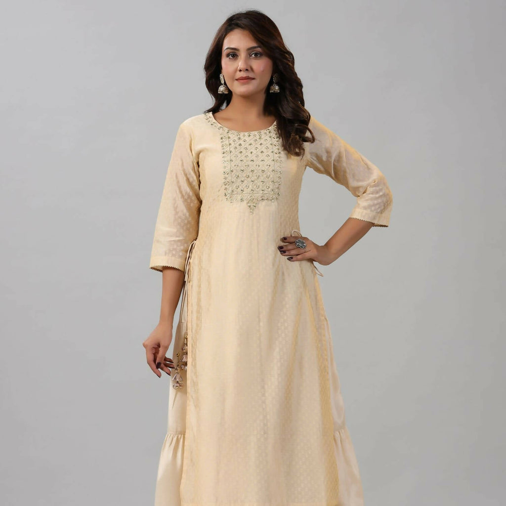 Juniper Women Gold Chanderi Printed Layered Maxi Dress with Embroidered Yoke