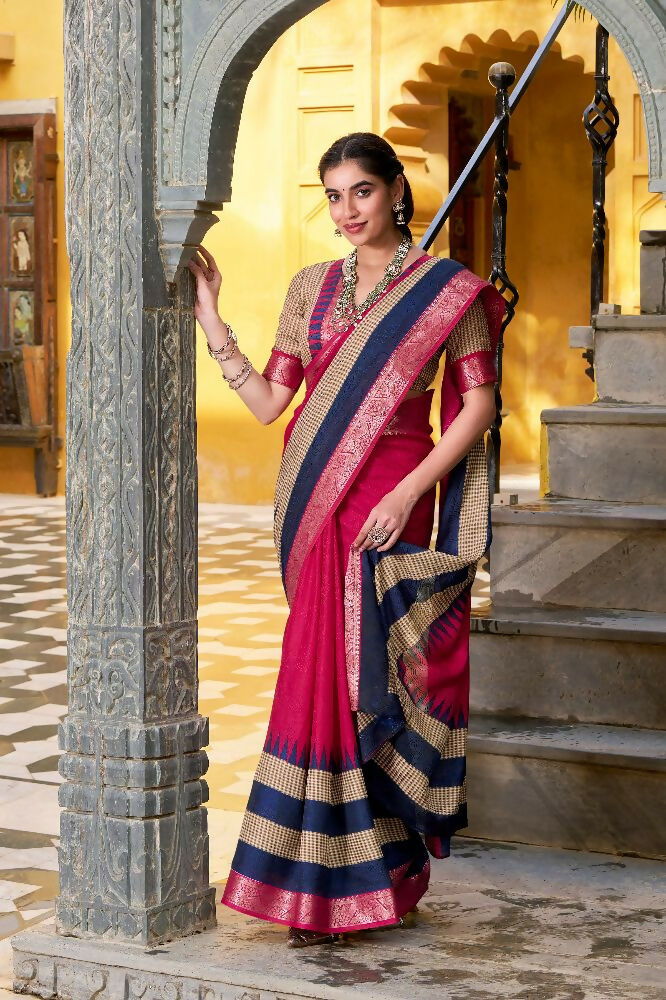 PR Fashion Pink Poly Cotton Printed With Zari Weaving Work Saree