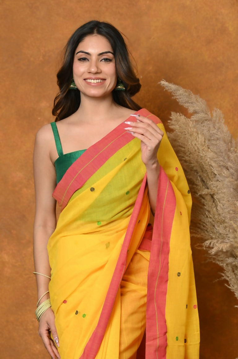 Very Much Indian Handloom Pure Cotton Saree With Sleek Border - Yellow