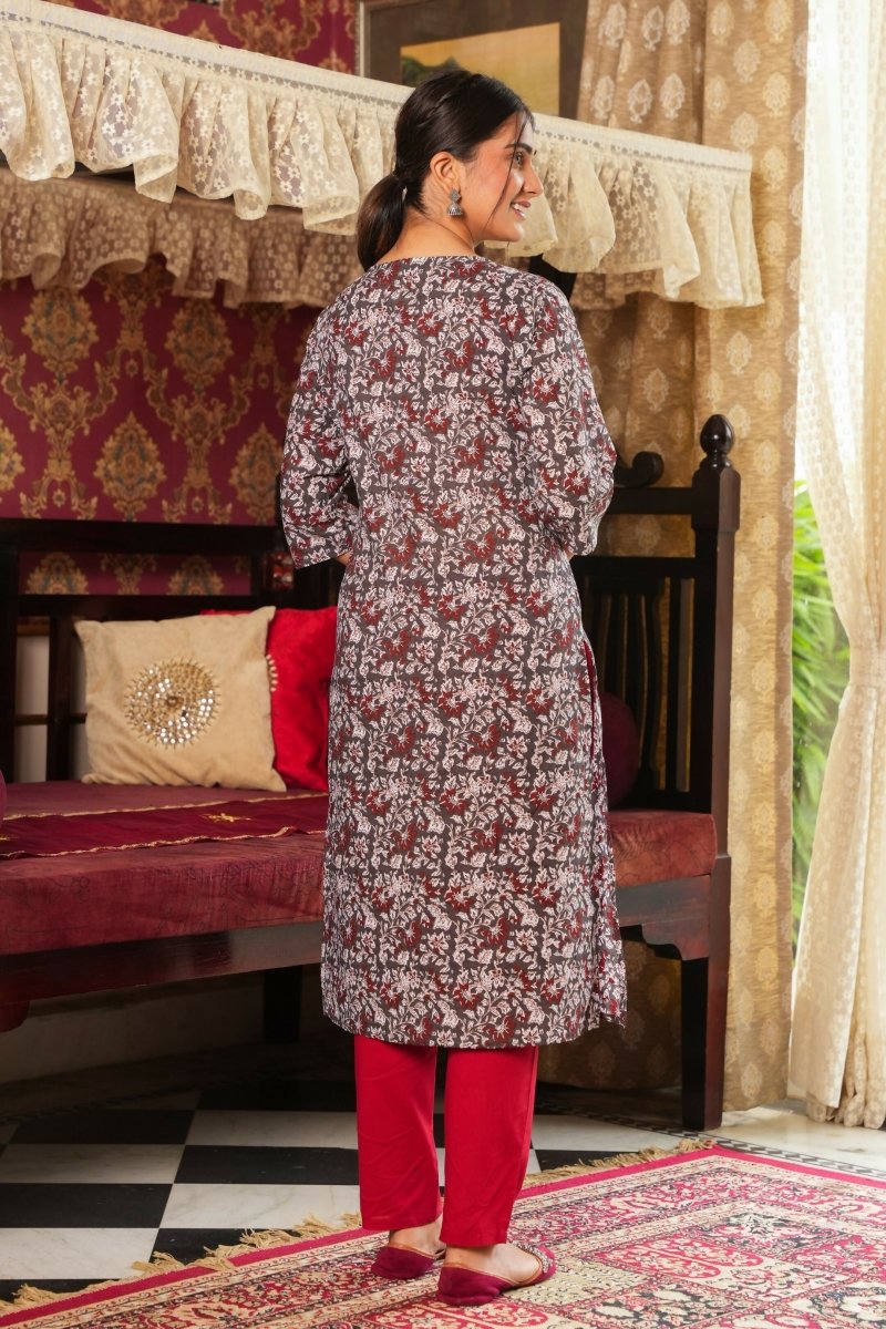 Aramya Straight Soft Cotton Floral Print Women's Kurta - Grey