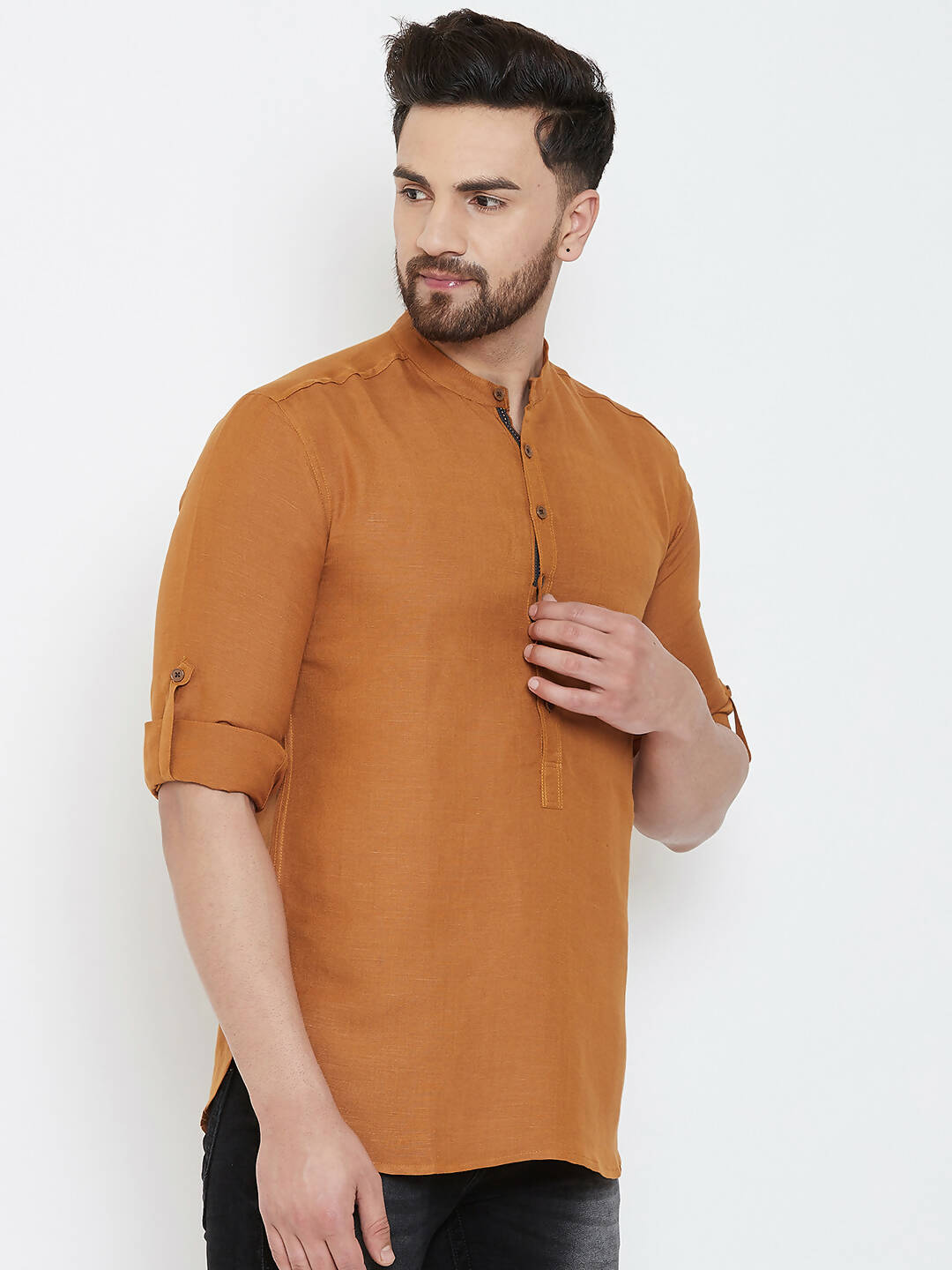Even Apparels Brown Linen Men's Kurta With Band Collar