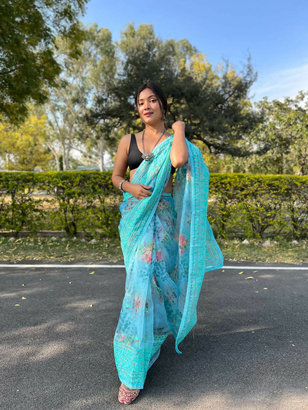 Vamsee Sky Blue Organza Saree