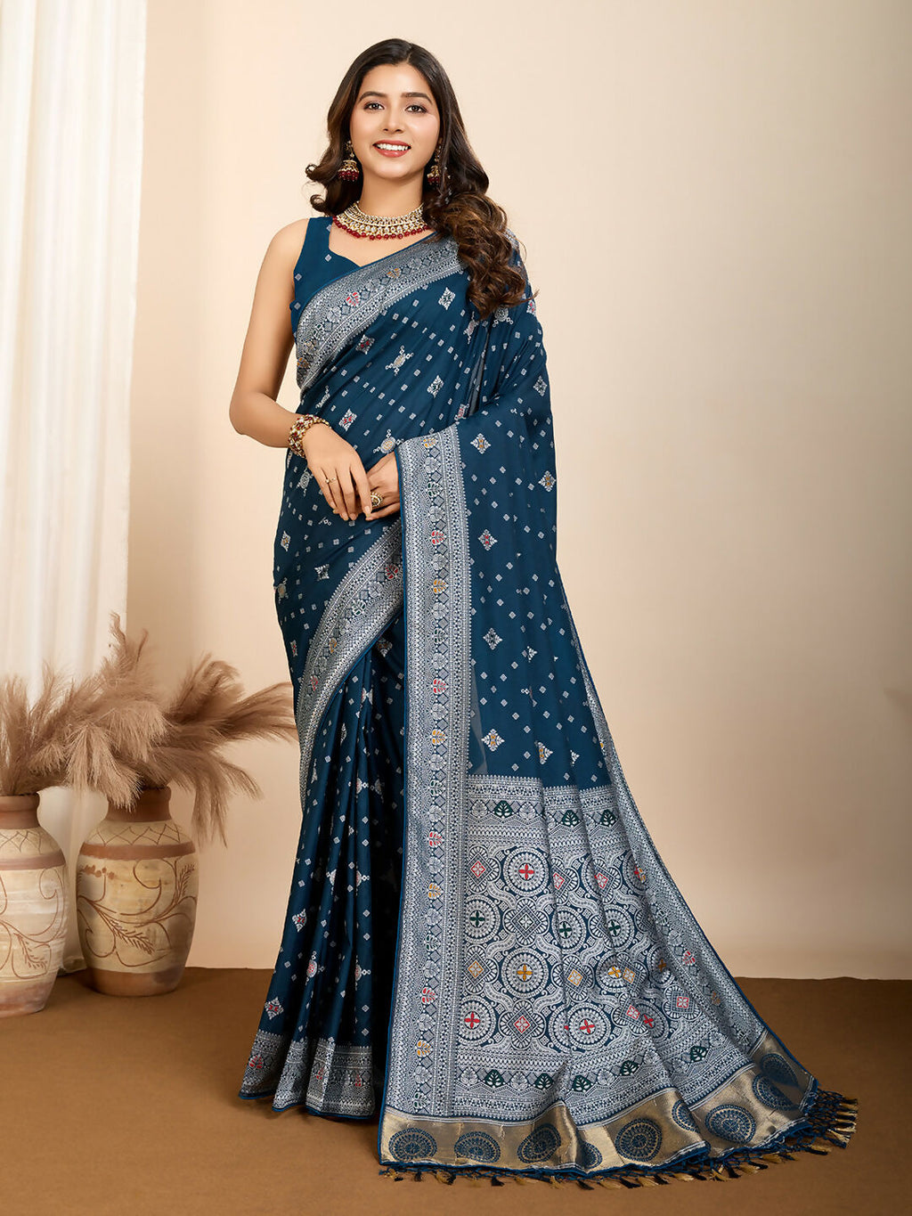 Teal Blue Soft Silk Woven Meenakari Designer Saree - Vedanti
