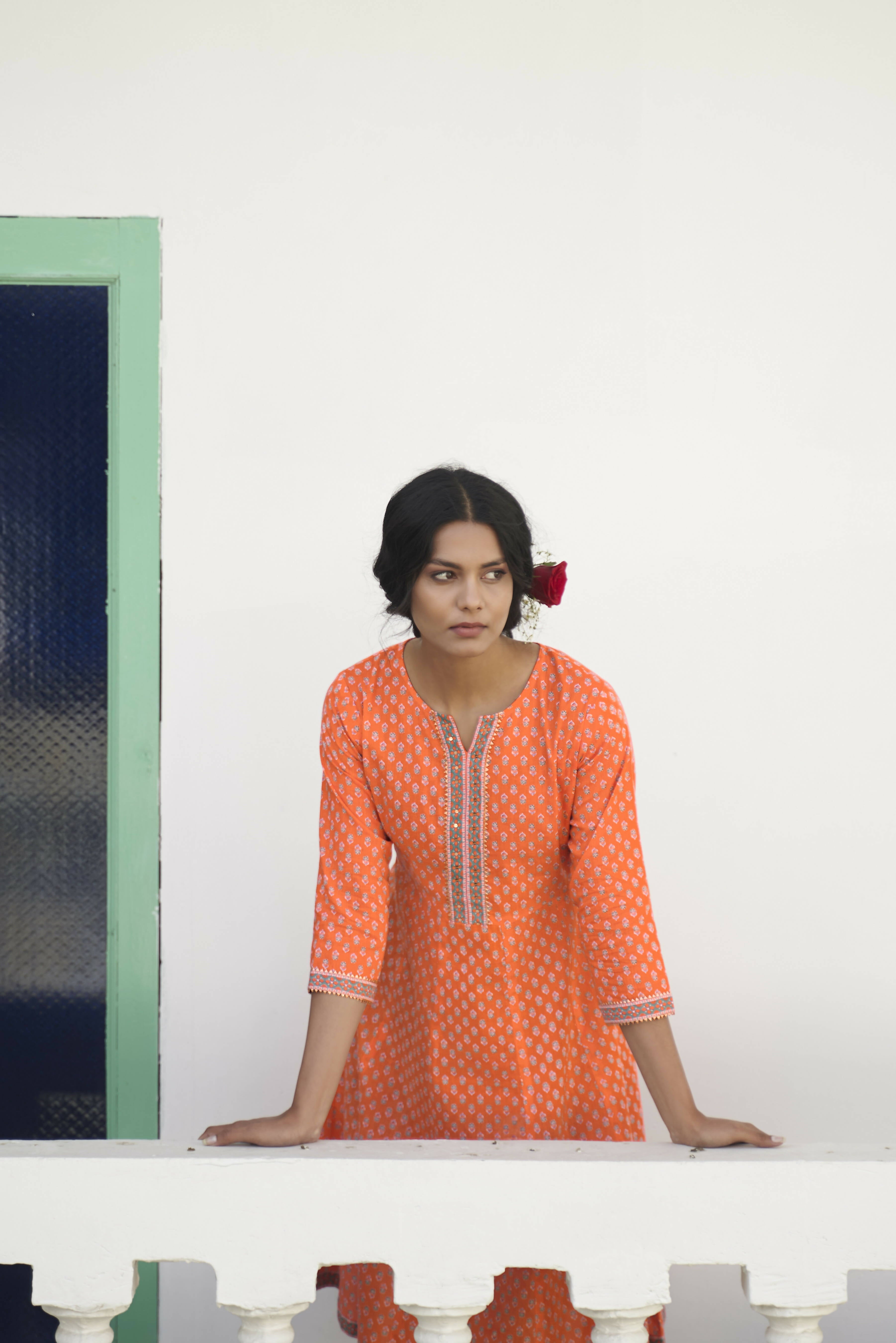 Orange Cotton Floral Printed A line Kurta - Prasuti