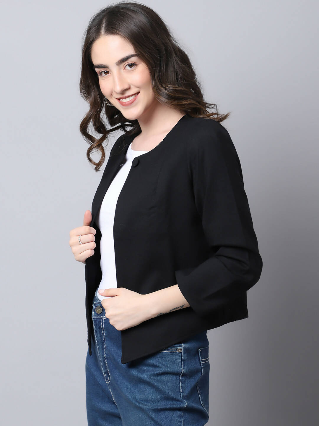 Even Apparels Black Linen Cotton Open Front Statement Women's Jacket