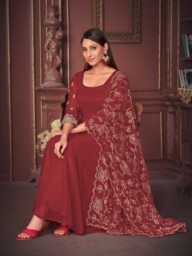 Jyoti Fashion Women's Maroon Georgette Embroidered Anarkali Kurta Pant Set With Dupatta