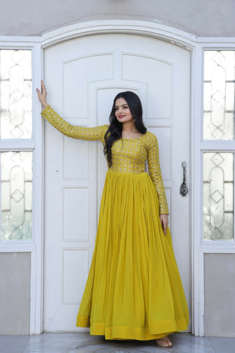 Jyoti Fashion Women's Yellow Sequence Zari Embroidered Faux Blooming Anarkali Dress