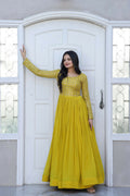 Jyoti Fashion Women's Yellow Sequence Zari Embroidered Faux Blooming Anarkali Dress