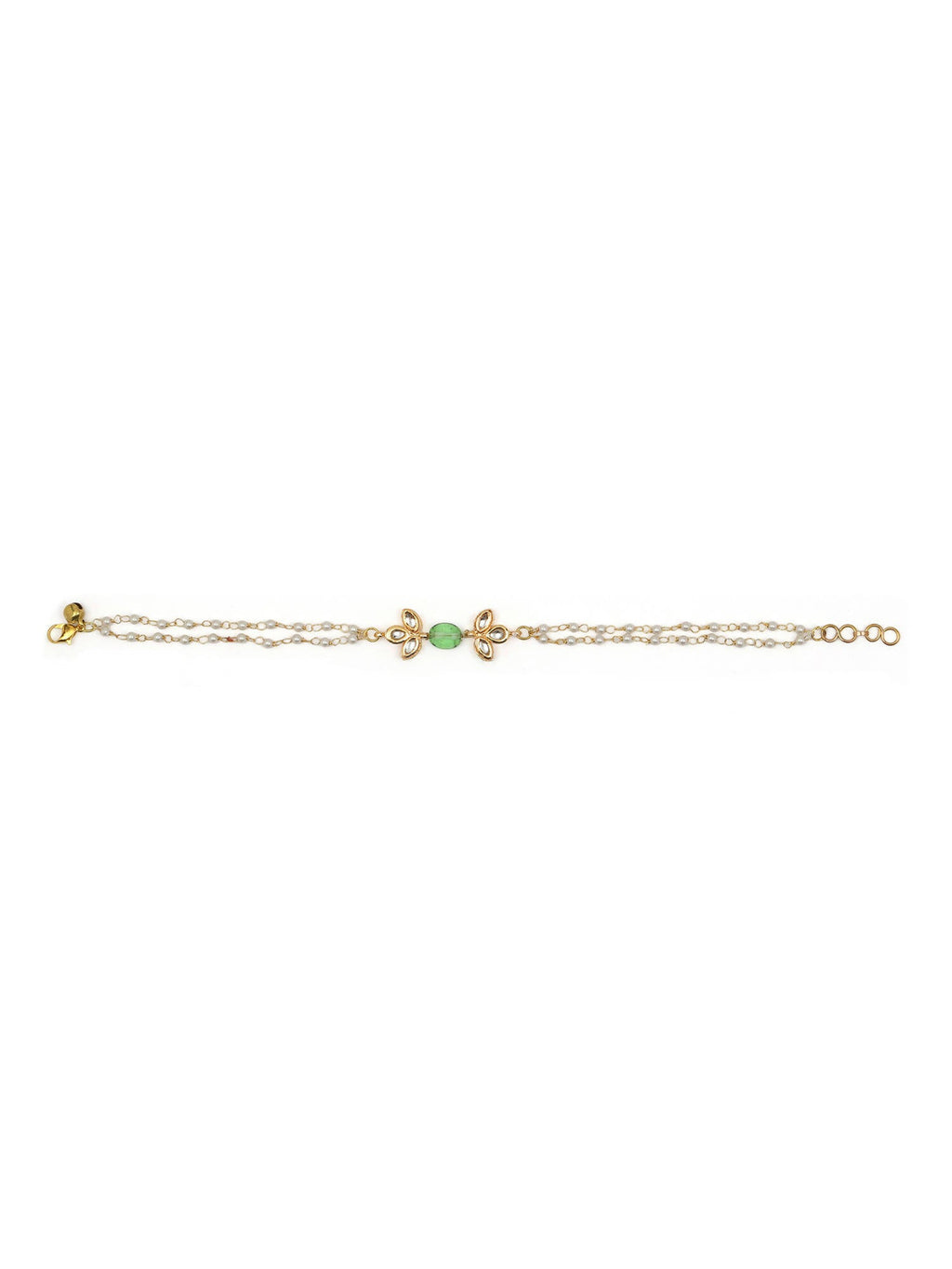 Gold-Polished Green White Kundan Beads Anklet Set Of 2 - Ruby Raang