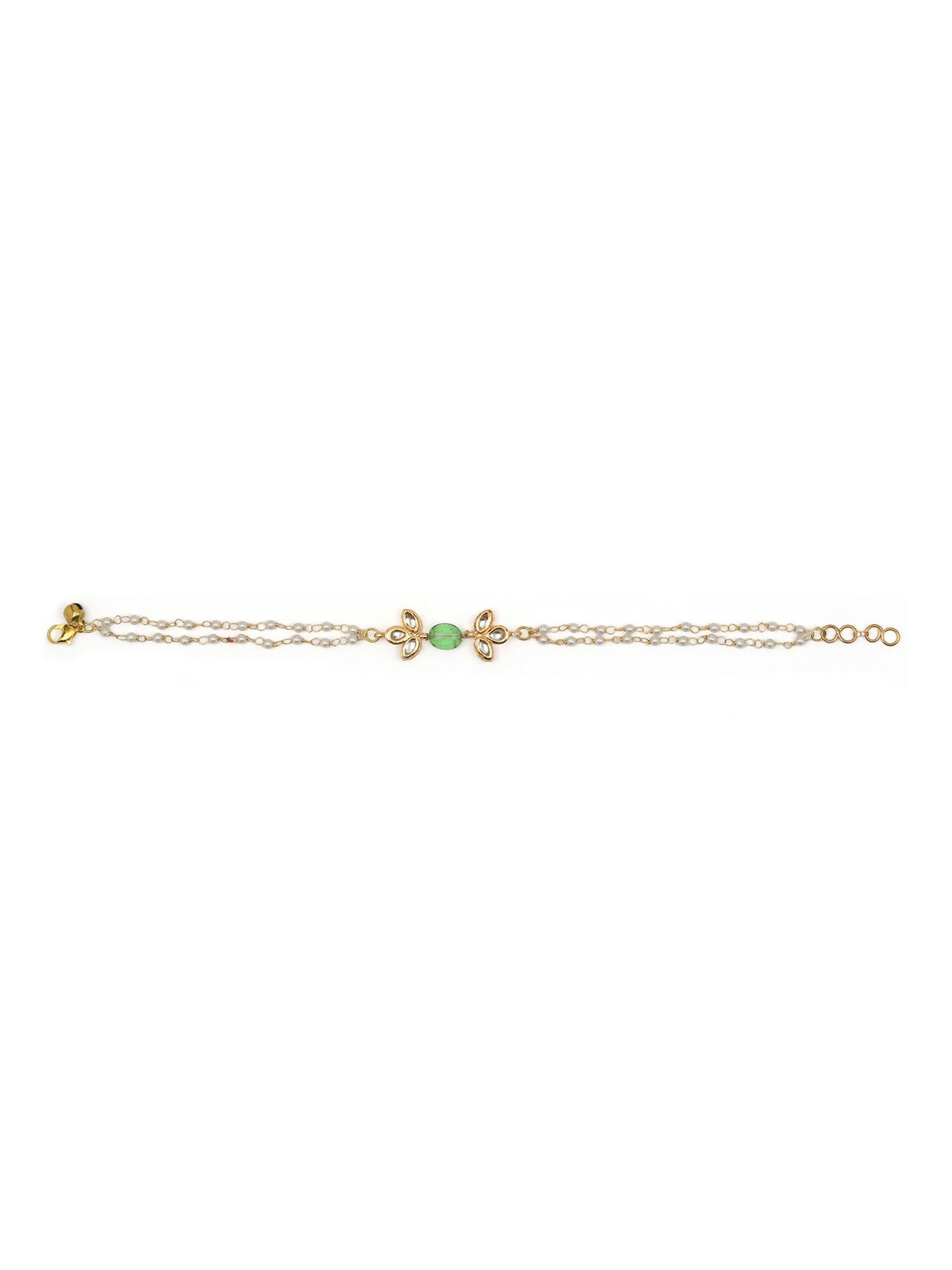 Gold-Polished Green White Kundan Beads Anklet Set Of 2 - Ruby Raang