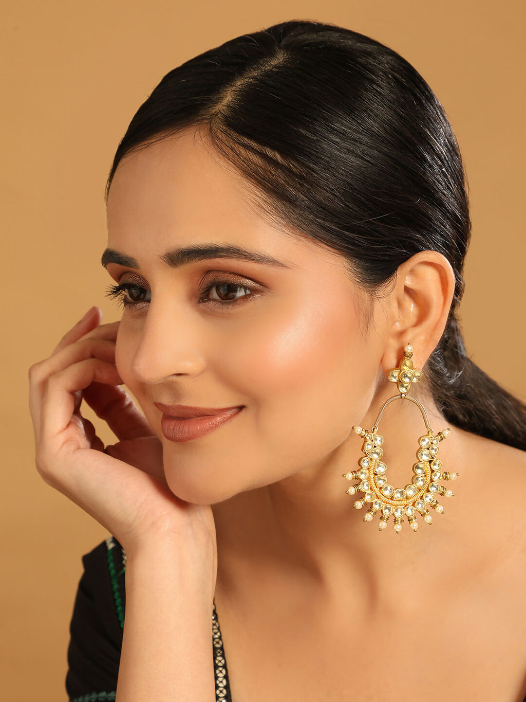 Nuyug 22k Gold Plated Royal Pearl Accent Kundan Earrings