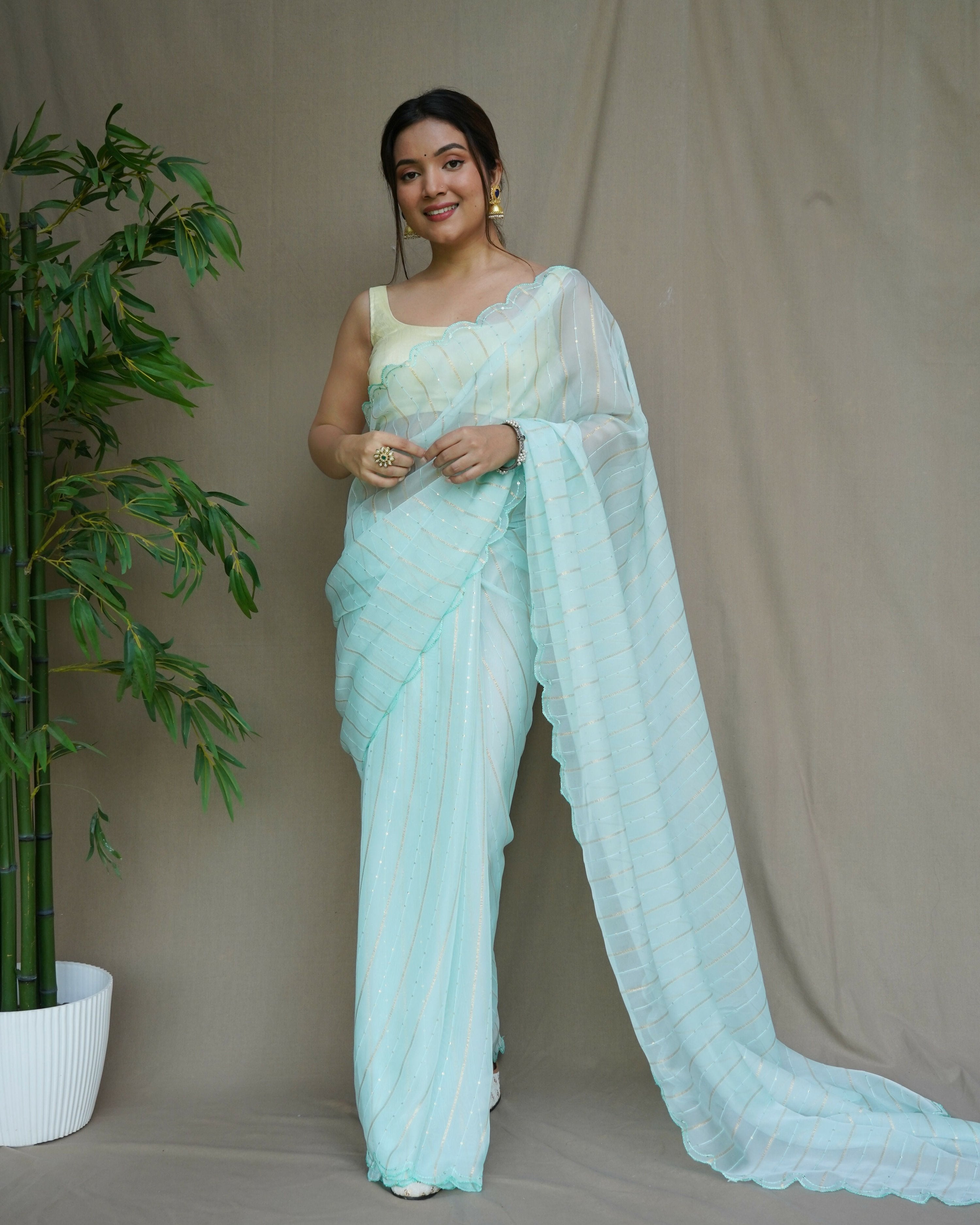 Vamsee Lining Organza Sea Green Chiffon Saree