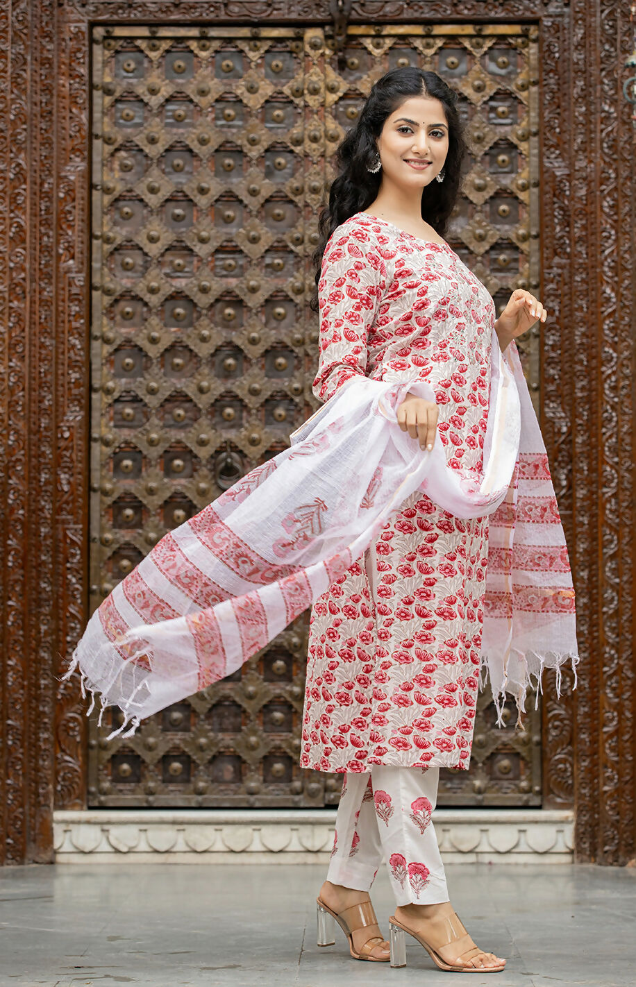 Kaajh Women's Pink Floral Cotton Handblock Salwar Suit Set