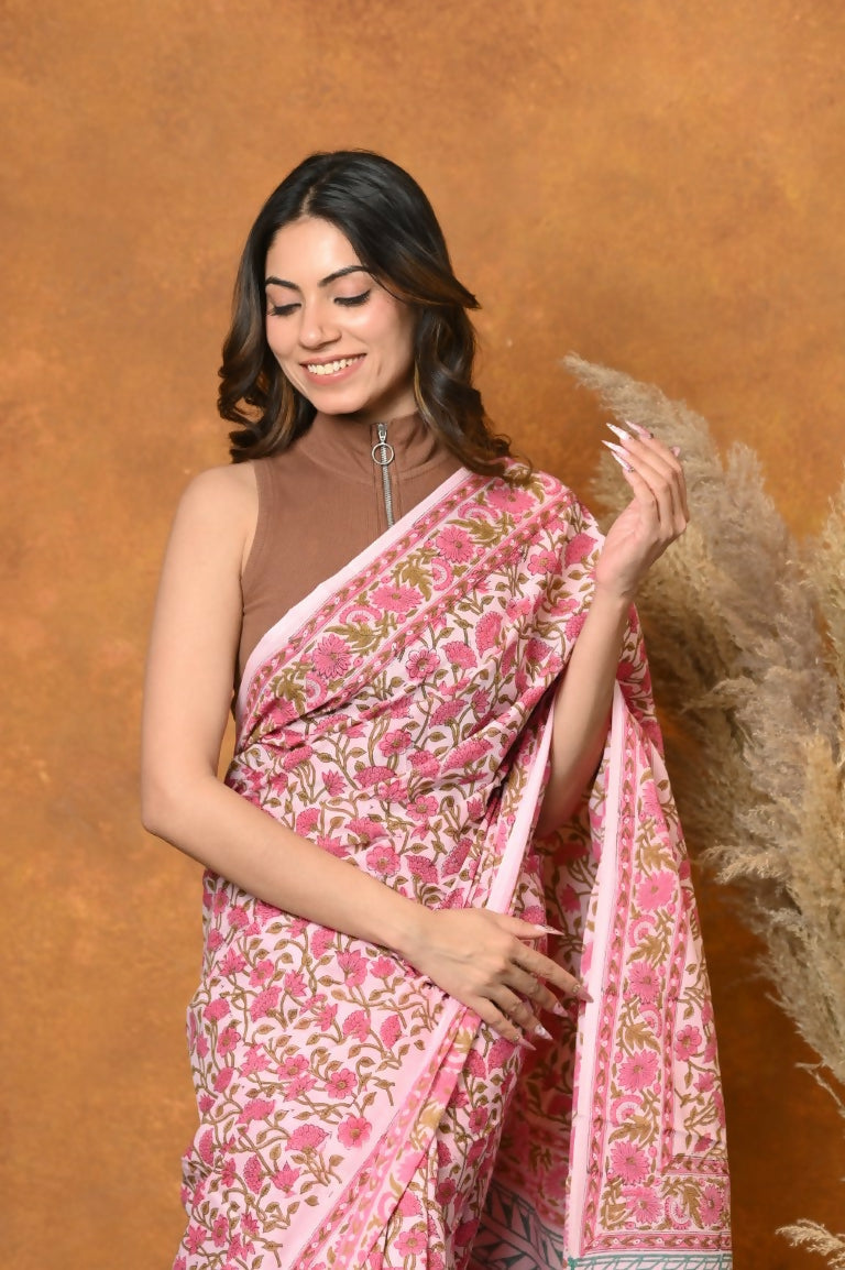 Very Much Indian Pure Cotton Handblock Printed Saree - Light Pink