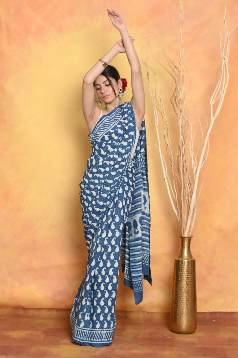 Very Much Indian Handblock Printed Cotton Saree With Natural Dyes - Blue