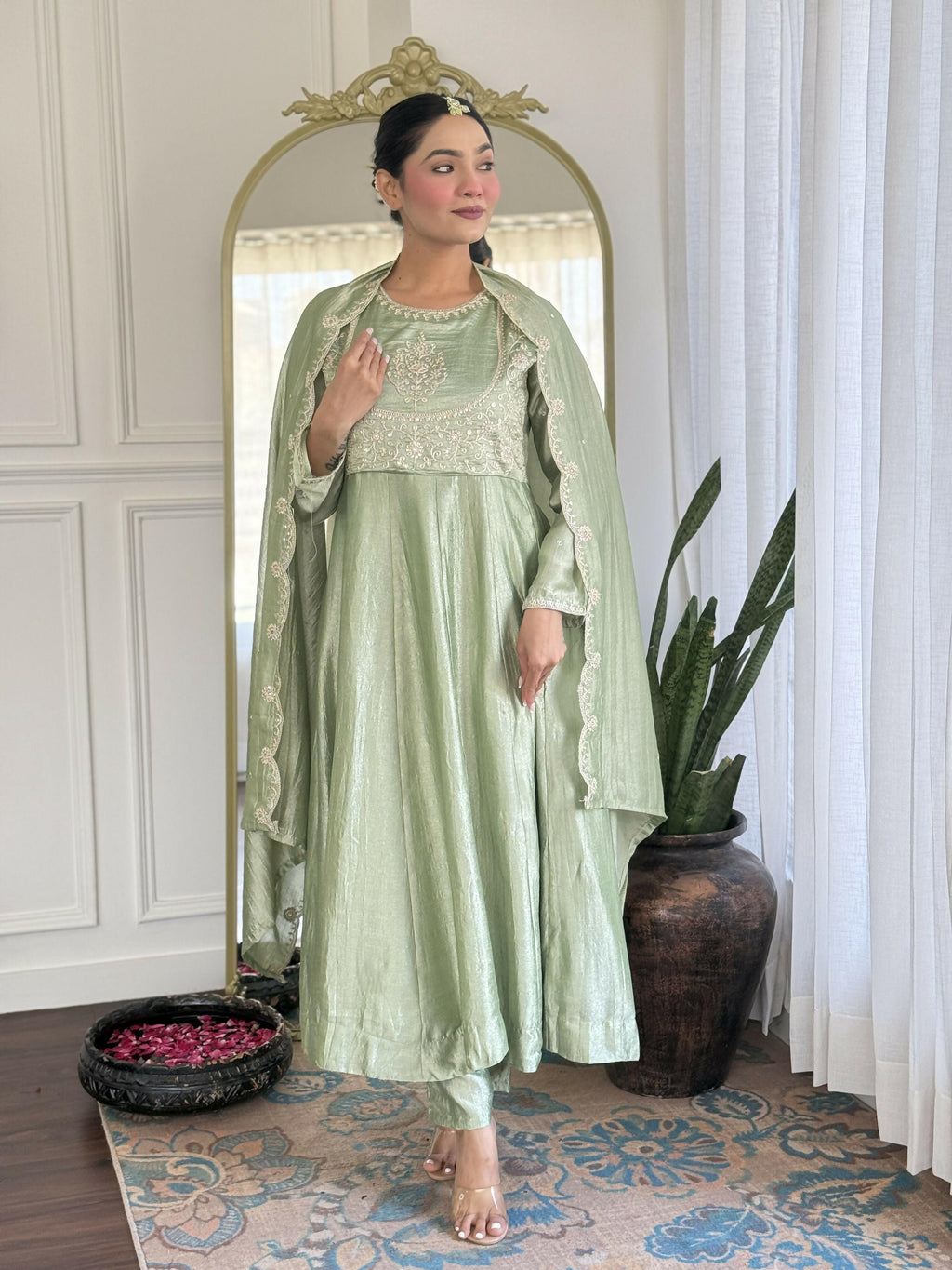 The52 Pista Women's Gorgeous Embroidered Vichitra Silk Fabric Flared Kurta Pant with Dupatta Set