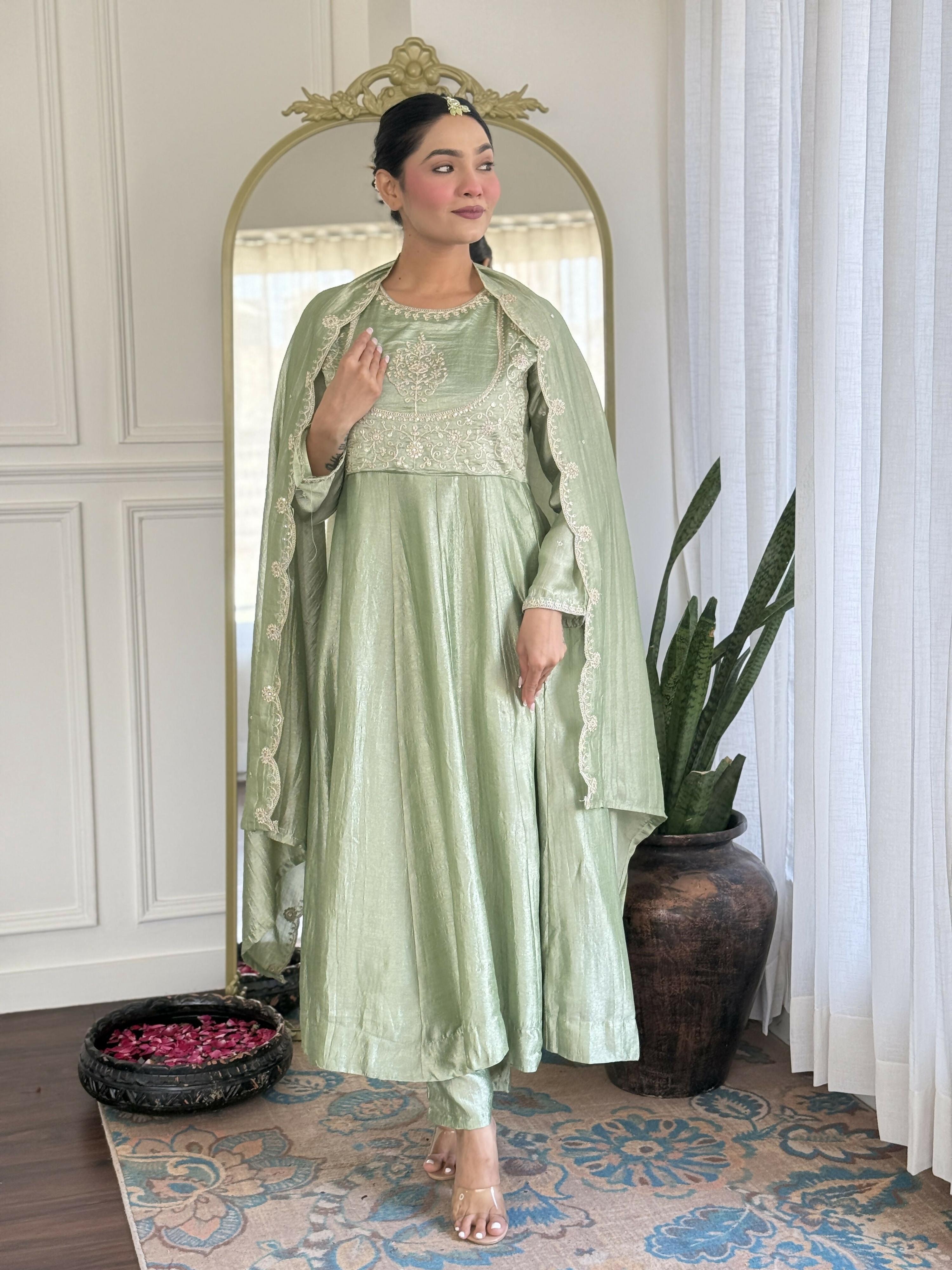 The52 Pista Women's Gorgeous Embroidered Vichitra Silk Fabric Flared Kurta Pant with Dupatta Set