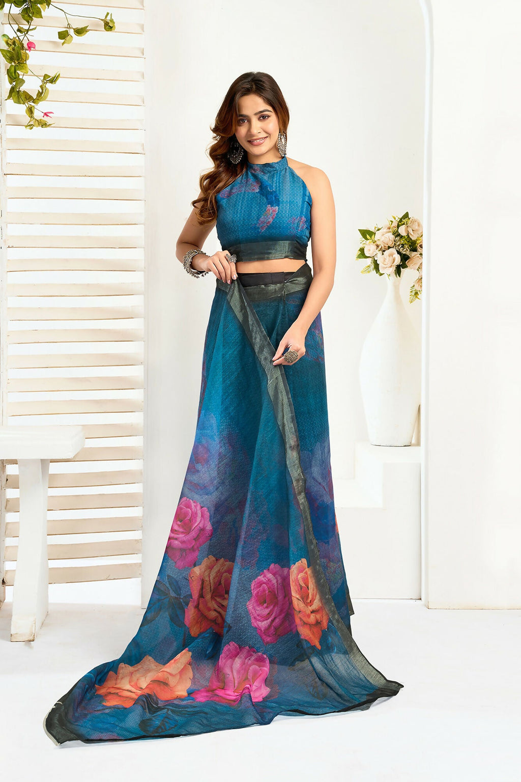 Vastranavya Teal Digital Printed Linen Ready To Wear Designer Saree with Unstitched Blouse