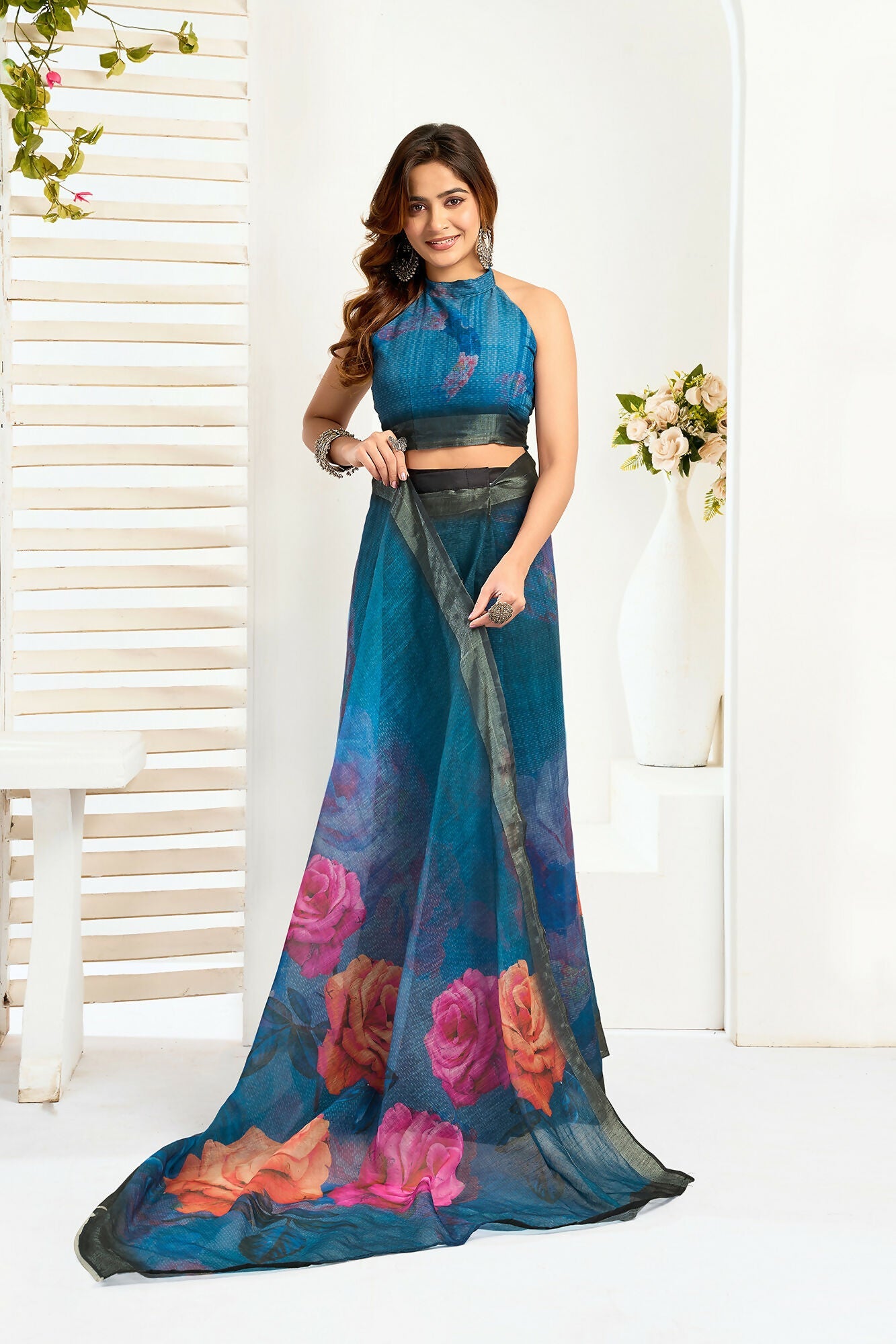 Vastranavya Teal Digital Printed Linen Ready To Wear Designer Saree with Unstitched Blouse