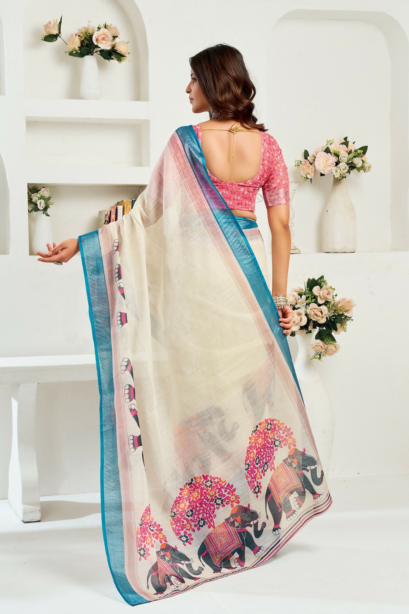 Vastranavya Cream Digital Printed Linen Ready To Wear Designer Saree with Unstitched Blouse