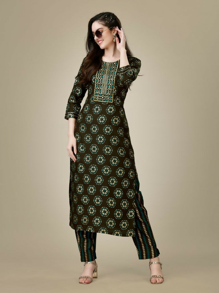 Jyoti Fashion Women's Dark Coffee Rayon Embroidered Kurta Pant Set