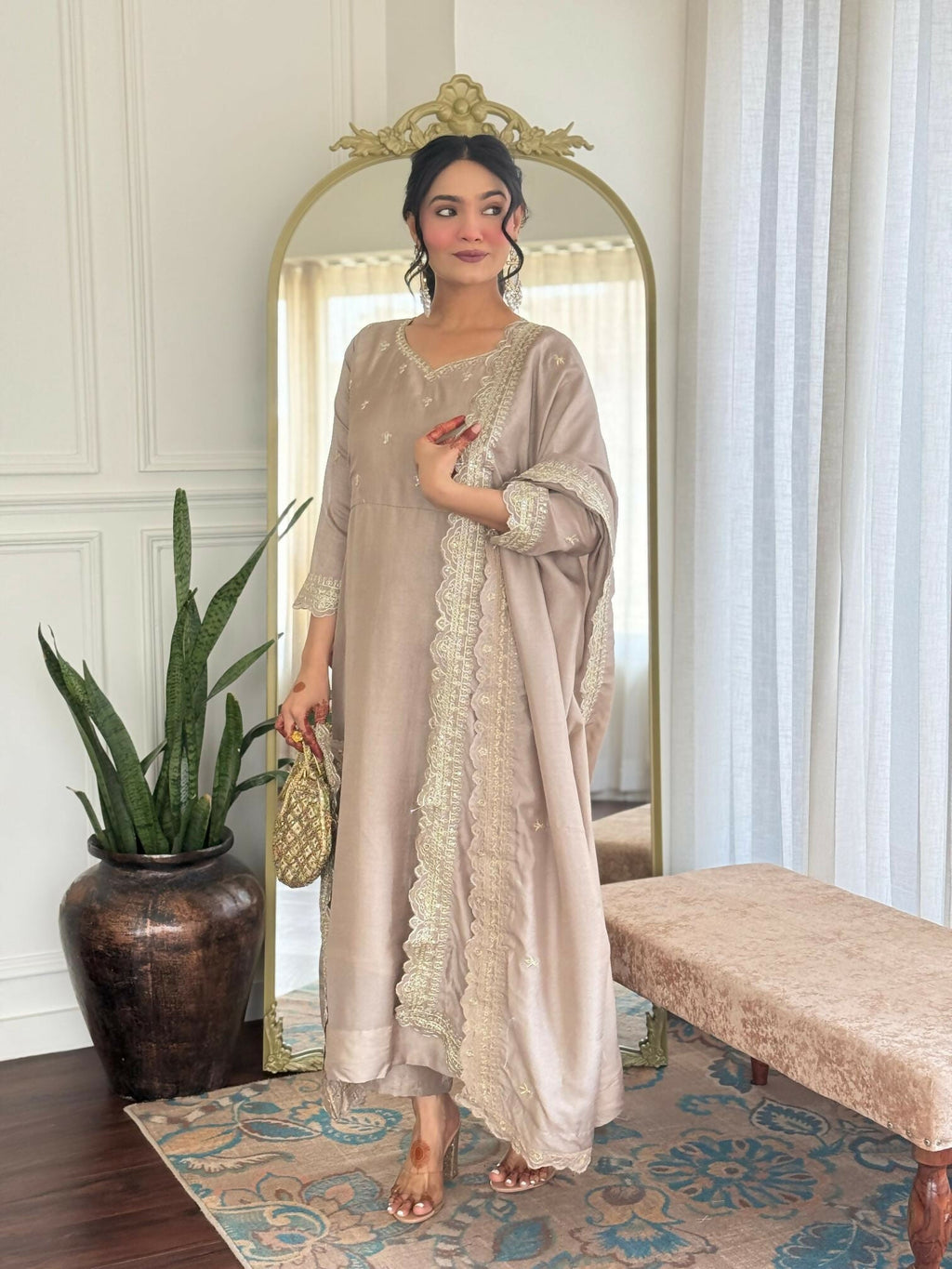 The52 CreamWomen's Gorgeous Vichitra Silk Fabric Embroidered Work Flared Anarkali Pant and Dupatta Set