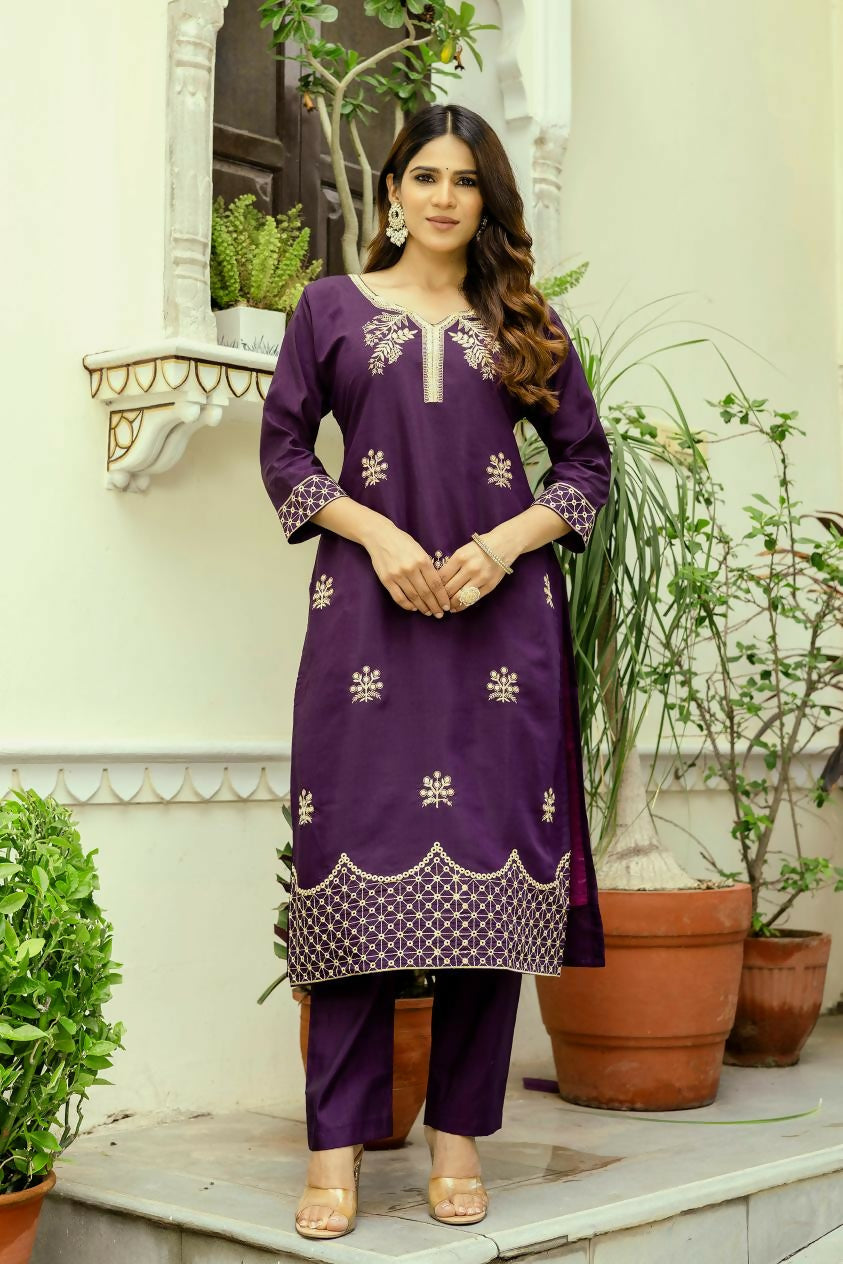 The52 Wine Women's Beautiful Viscose Chanderi Fabric Thread Work Straight Kurta Pant and Dupatta Set