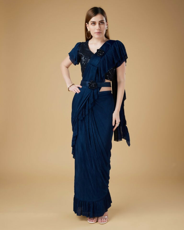 Blue Imported Crush Solid Ready to Wear Saree with stitched Blouse - Aayan
