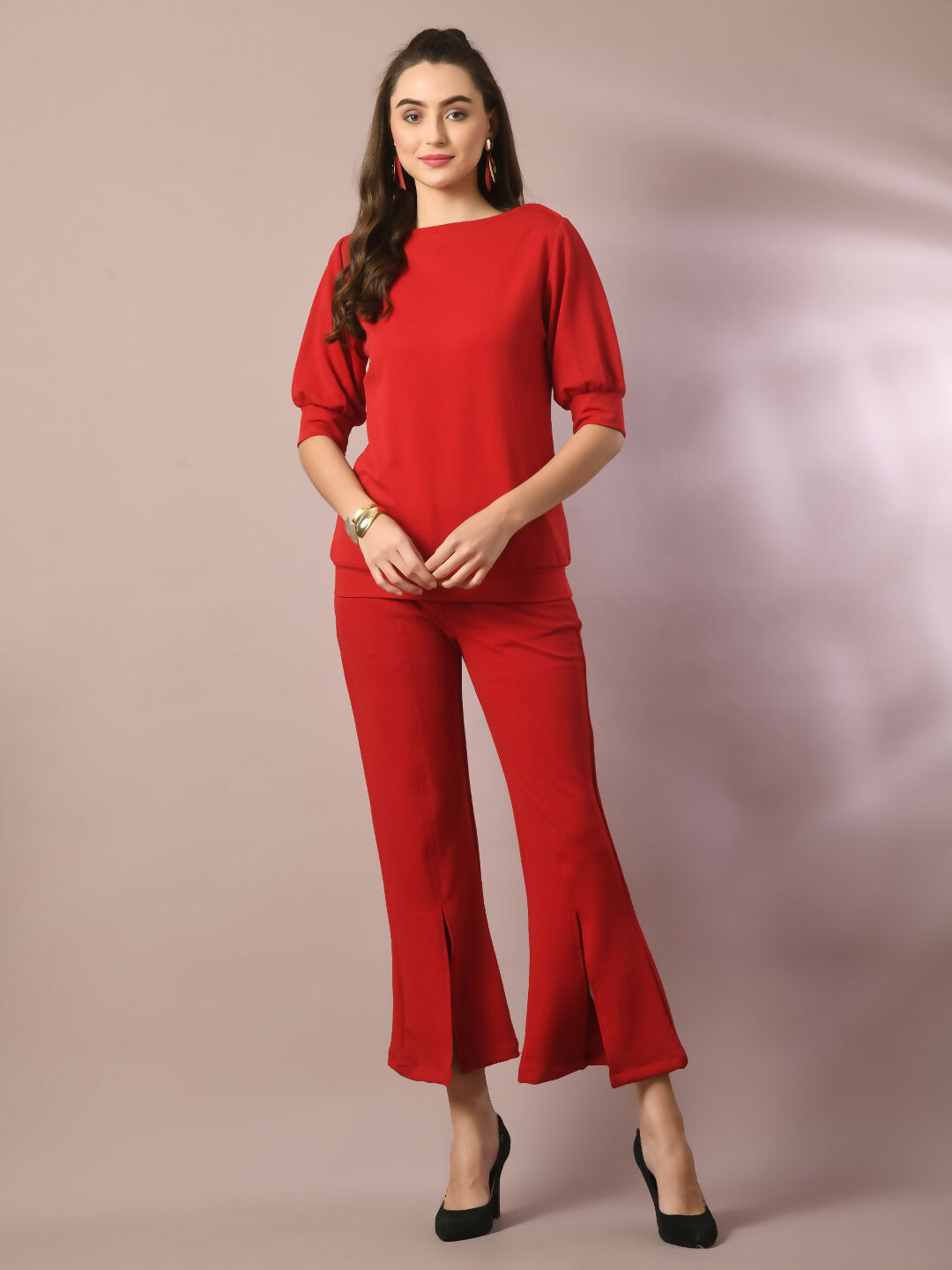 Myshka Women's Red Solid Boat Neck Party Top With Trousers Co-ord set