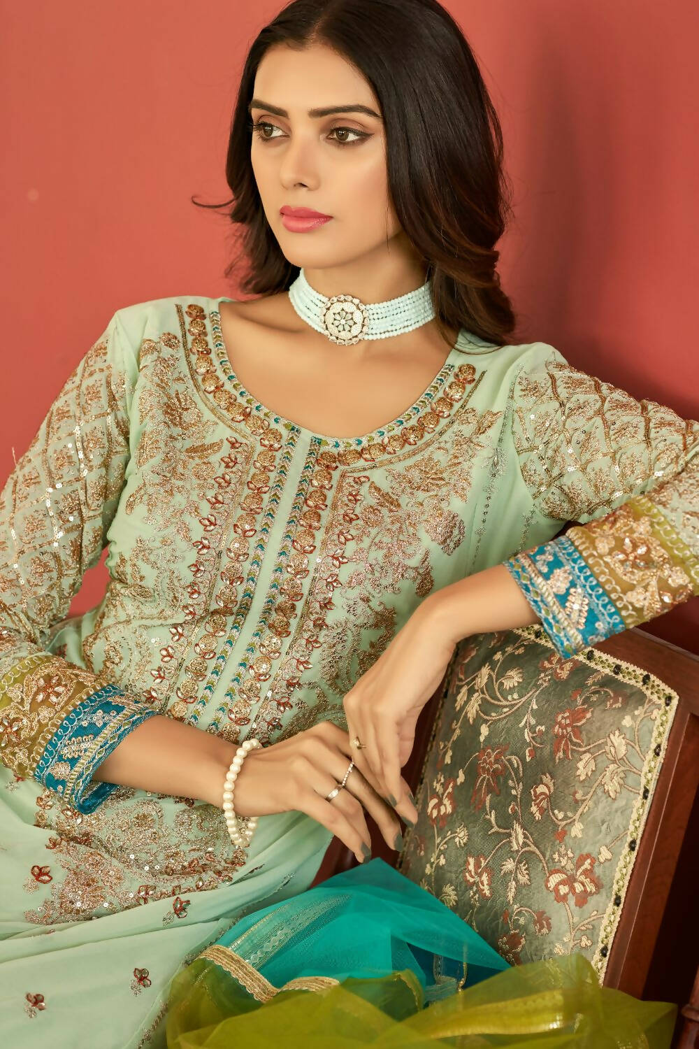 Sea Green Heavy Faux Georgette Embroidered Semi Stitched Suit - Dhvani