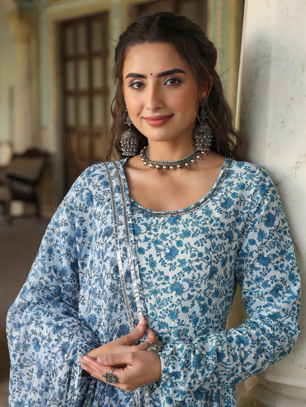 Juniper Women's Blue Cambric Floral Printed Circular Kurta Dupatta Sets