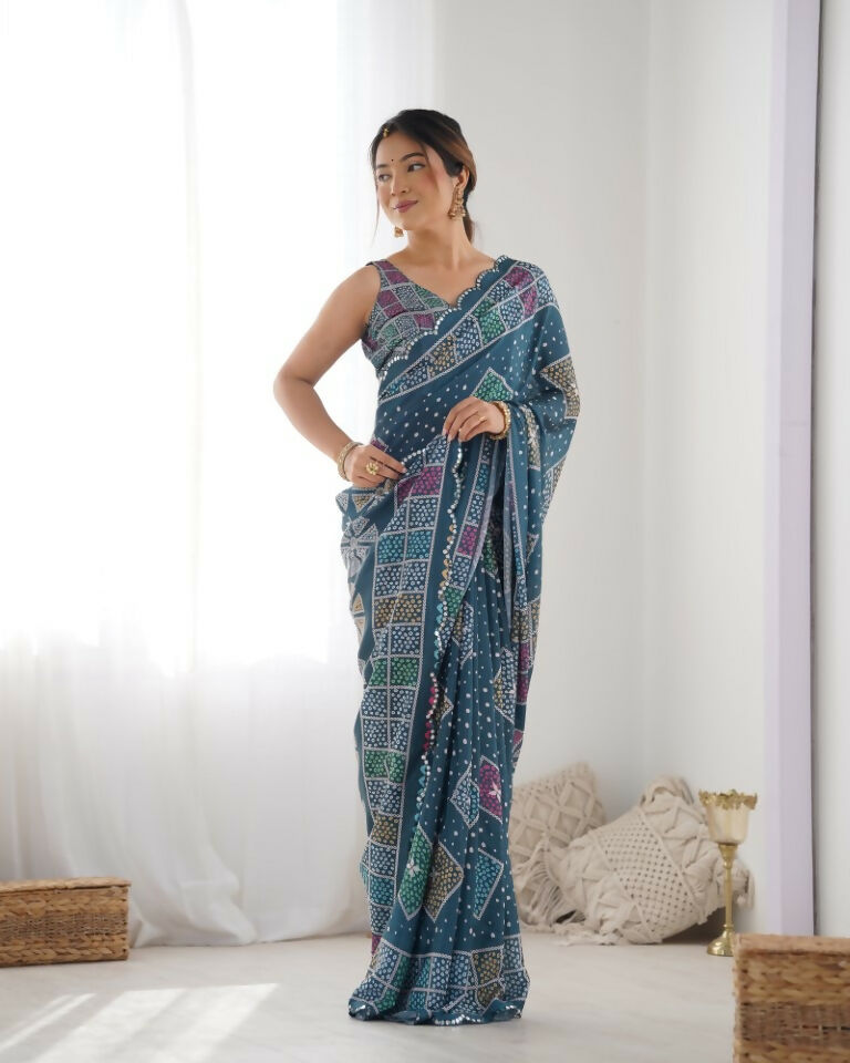 Green Chinon Designer Digital Printed & Mirror Cut Work Saree - Kriti