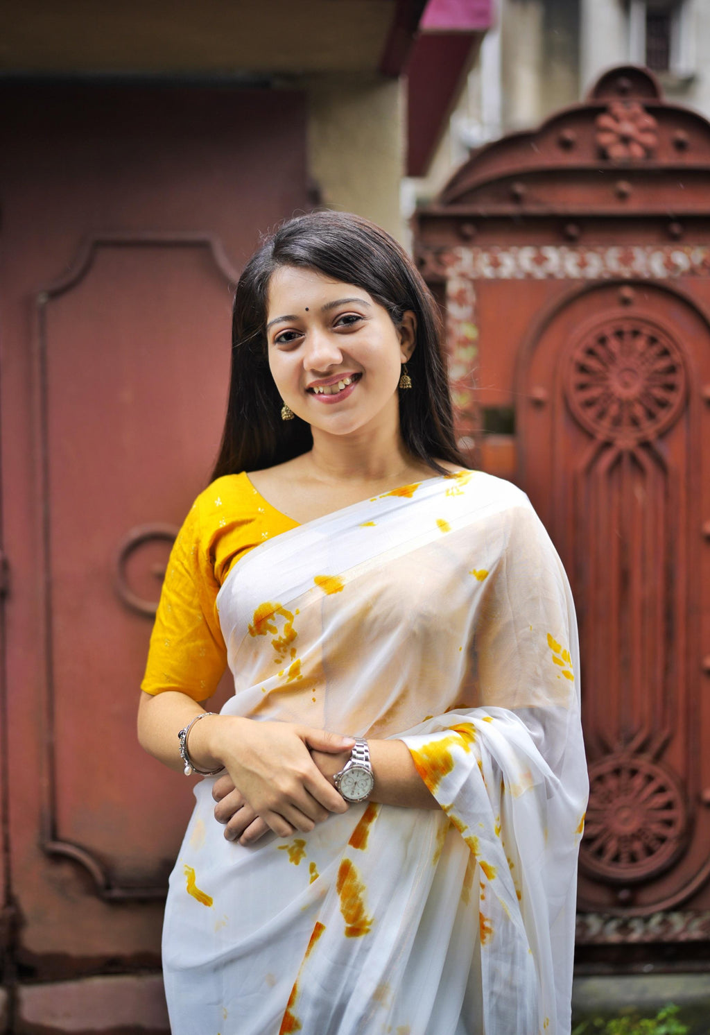 Yellow Poly Georgette Tie And Dye Saree with Unstitched Blouse - A2M