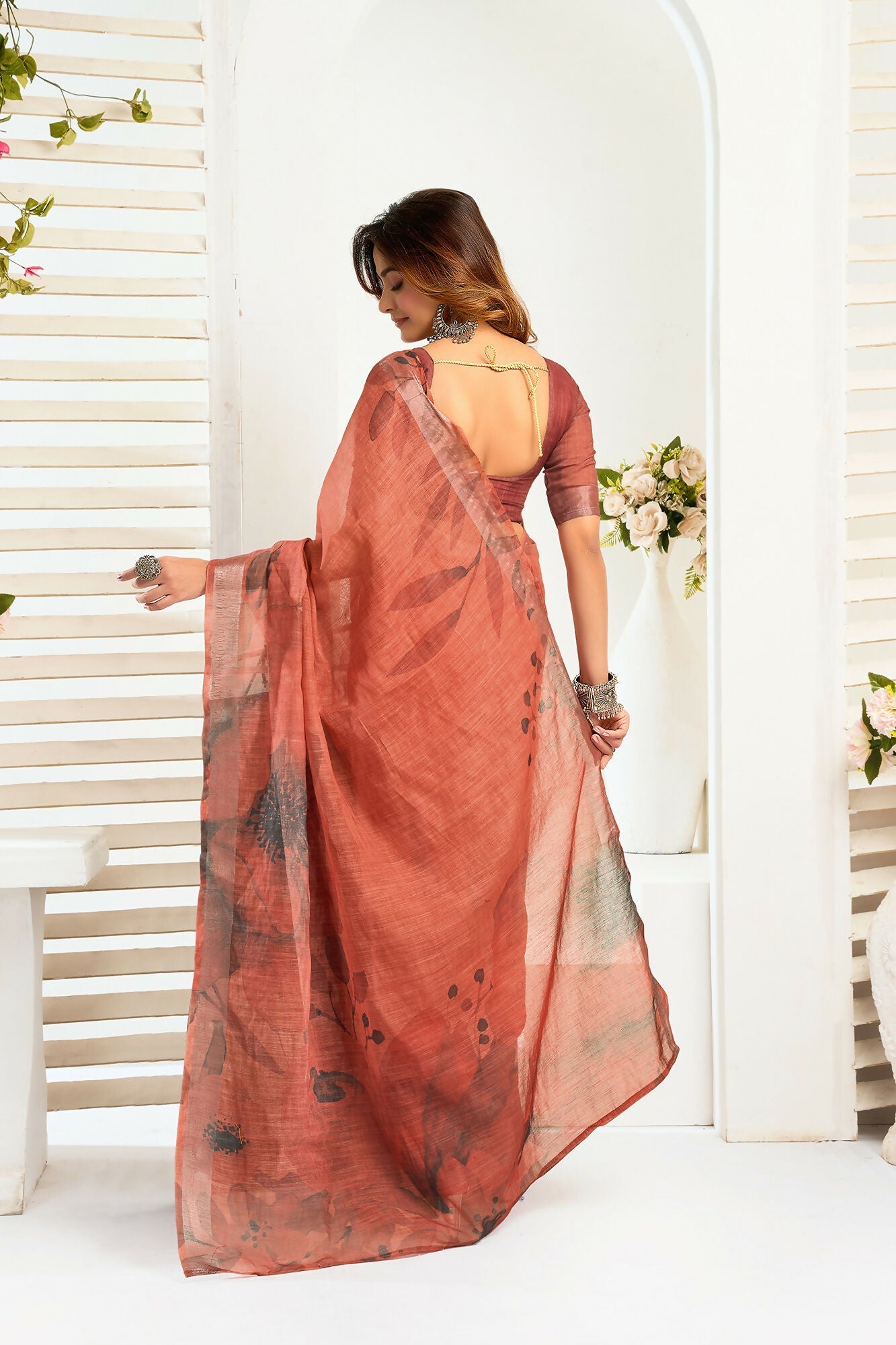 Vastranavya Brown Digital Printed Linen Ready To Wear Designer Saree with Unstitched Blouse