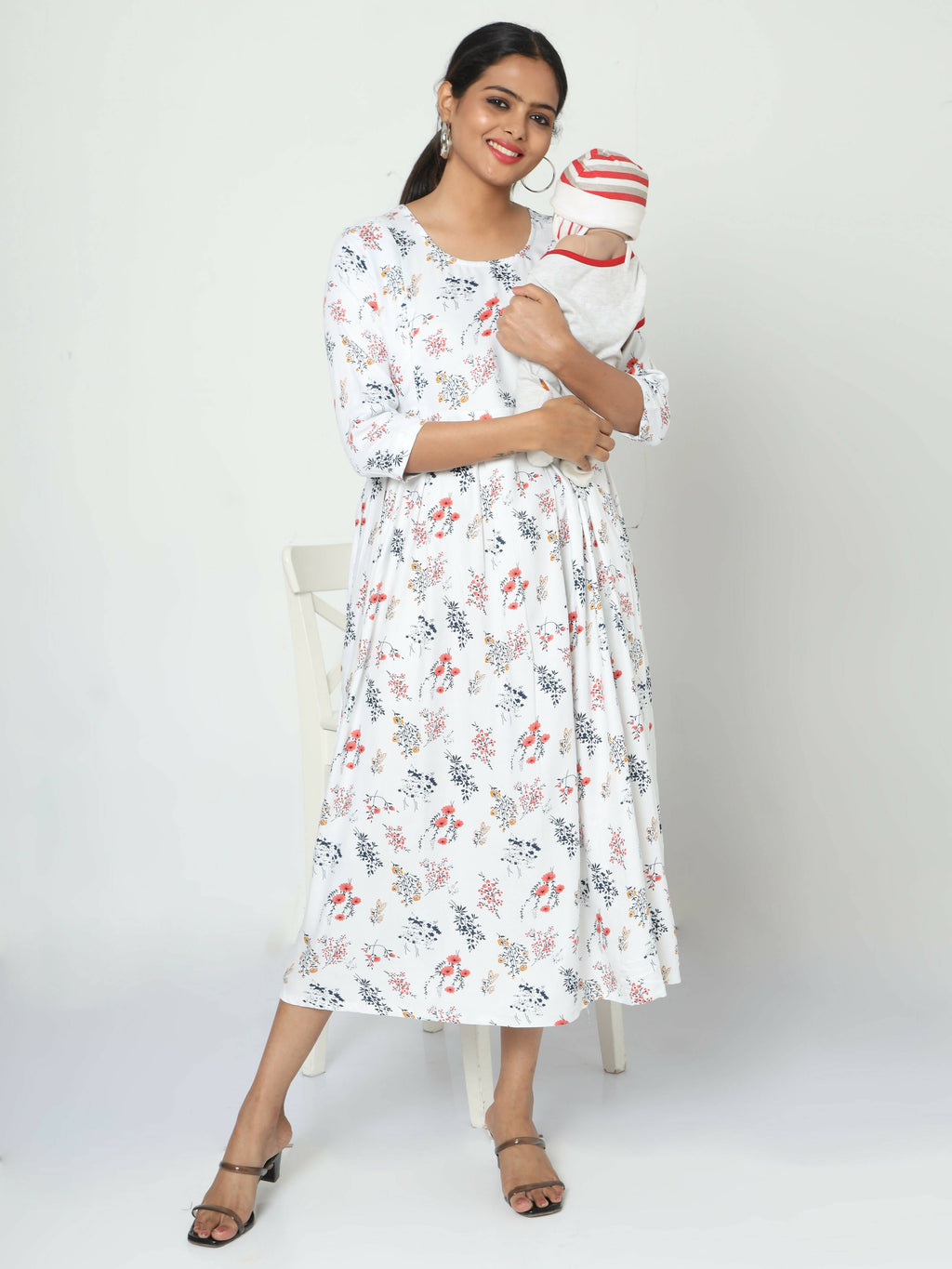 Manet Three Fourth Maternity Dress Floral Print With Concealed Zipper Nursing Access - White