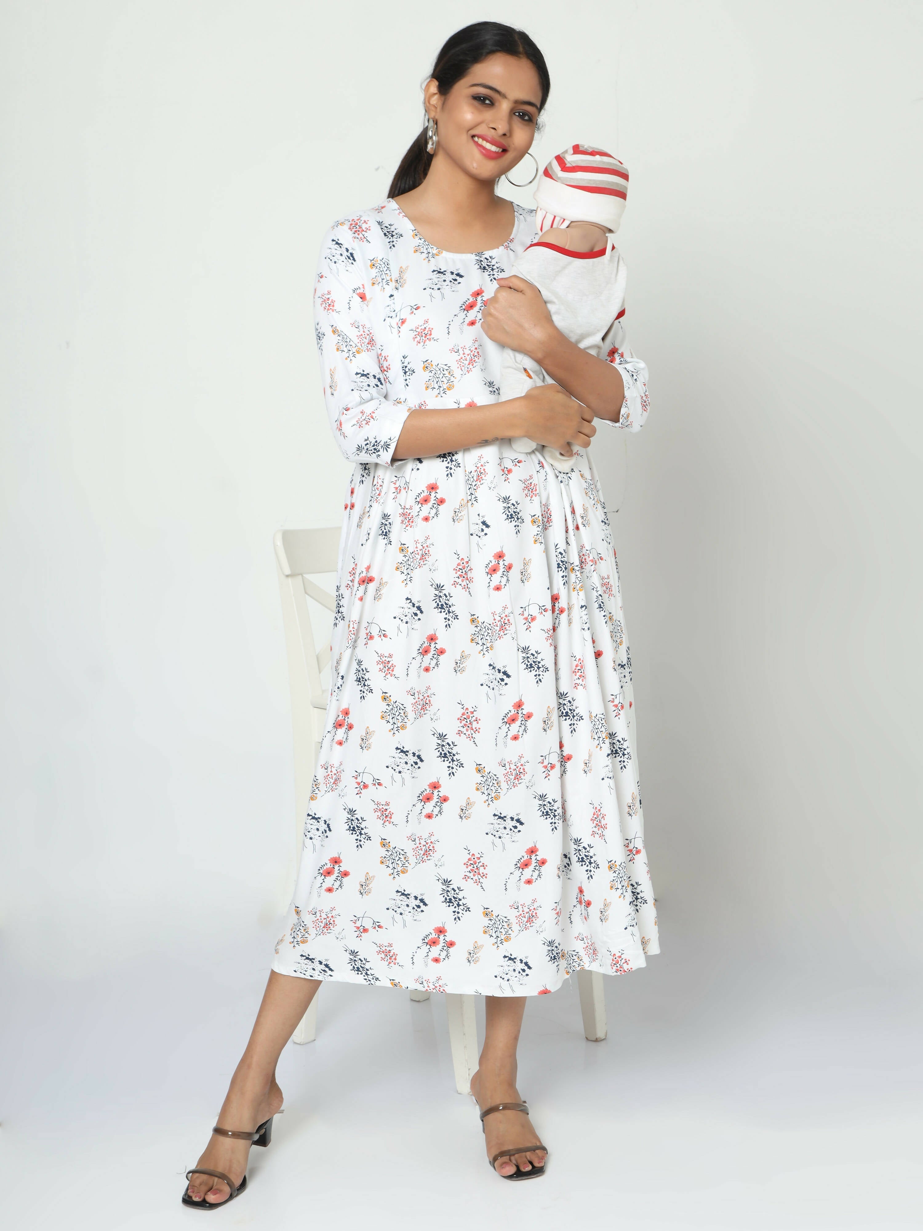 Manet Three Fourth Maternity Dress Floral Print With Concealed Zipper Nursing Access - White