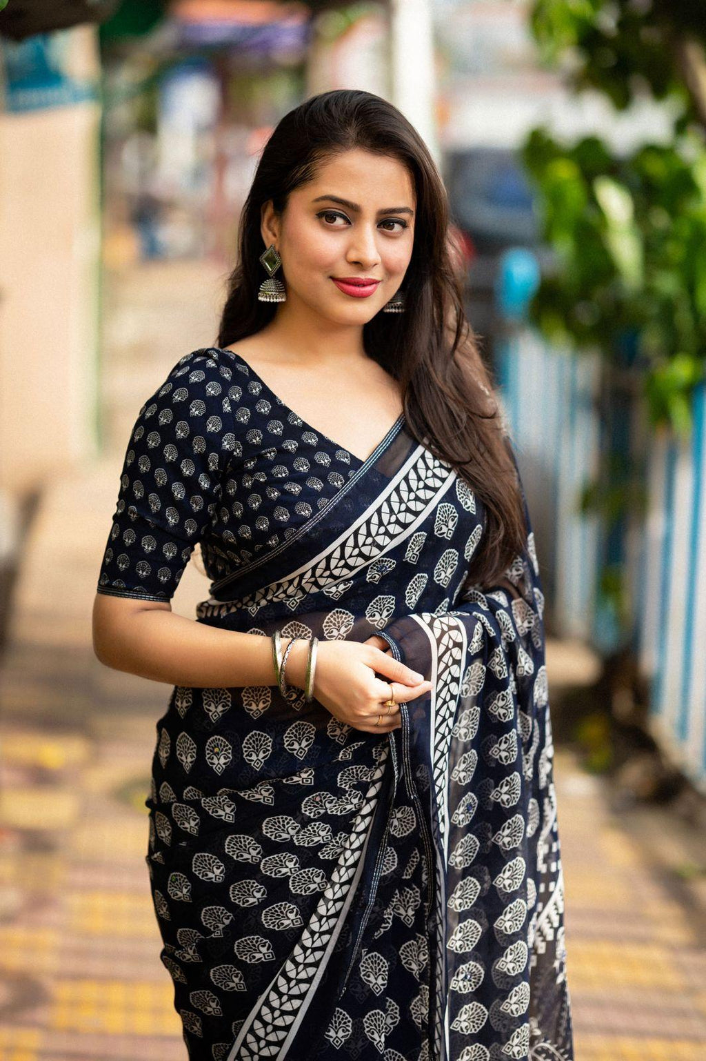 Navy Blue Poly Georgette Ajrak Saree with Unstitched Blouse - A2M