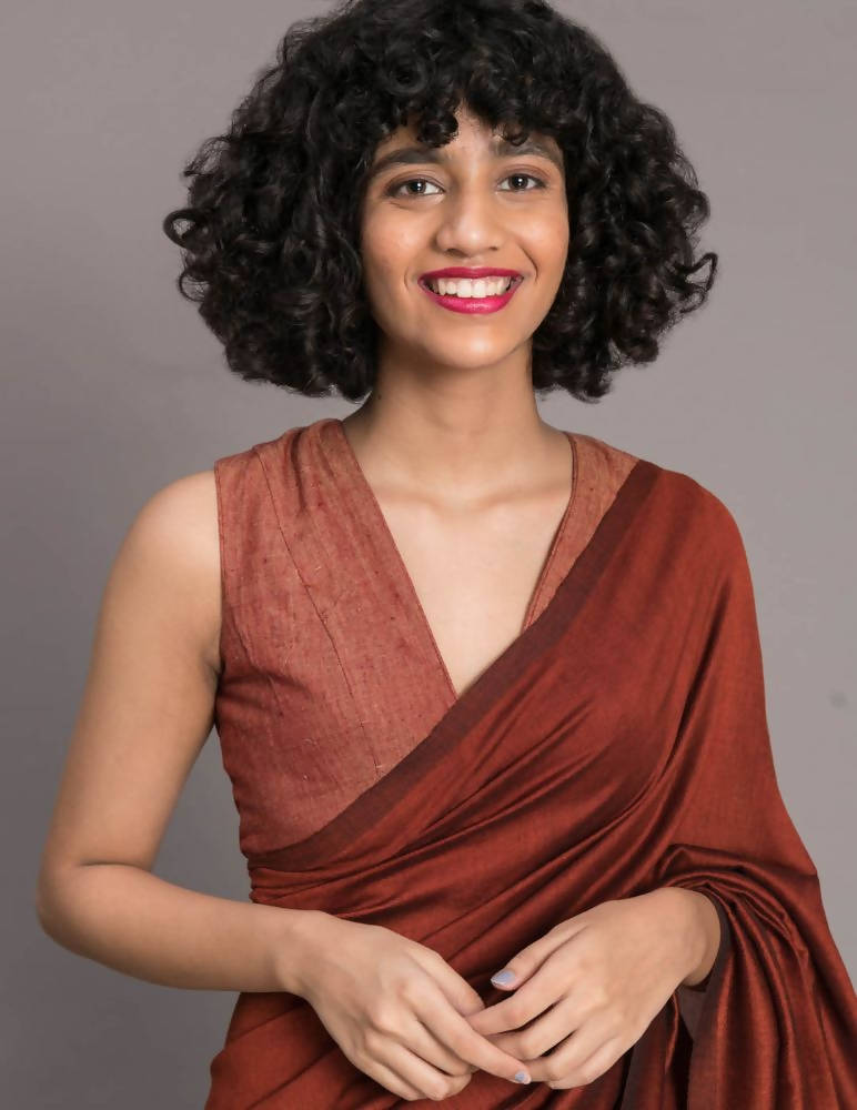 Suta Rust Brown Black Cotton Blend Colourblocked Saree
