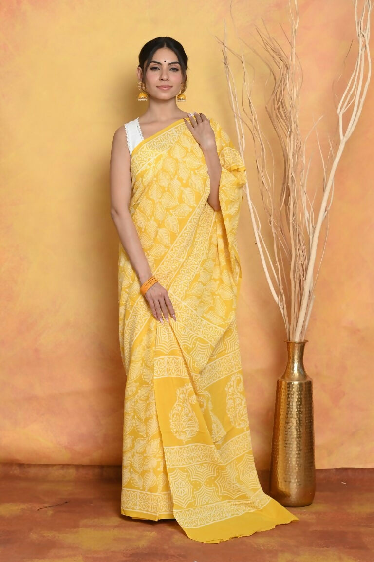 Very Much Indian Handblock Printed Cotton Saree With Natural Dyes - Yellow