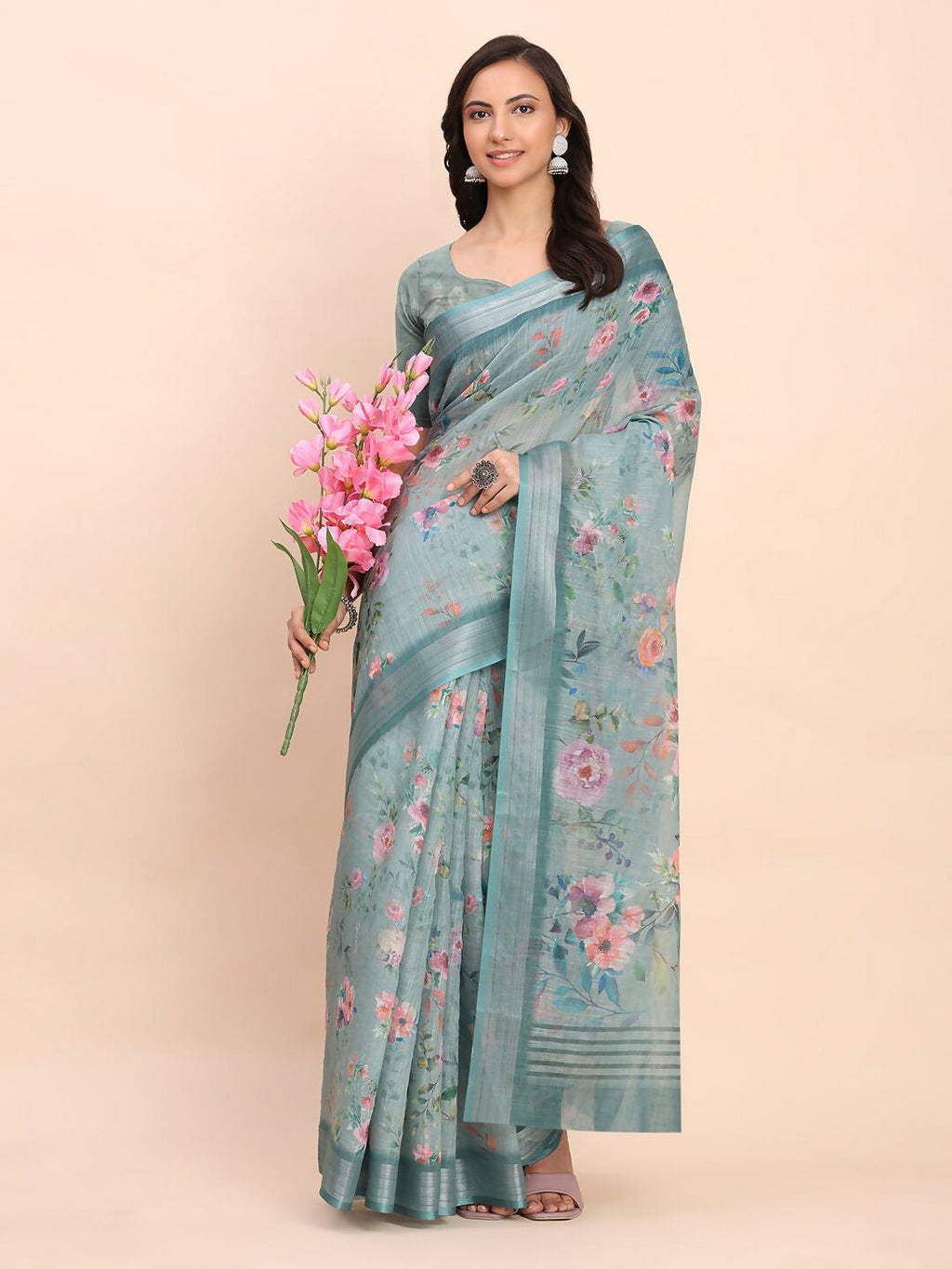 Shree Shyam Fashion Linen Cotton Sea Green Saree