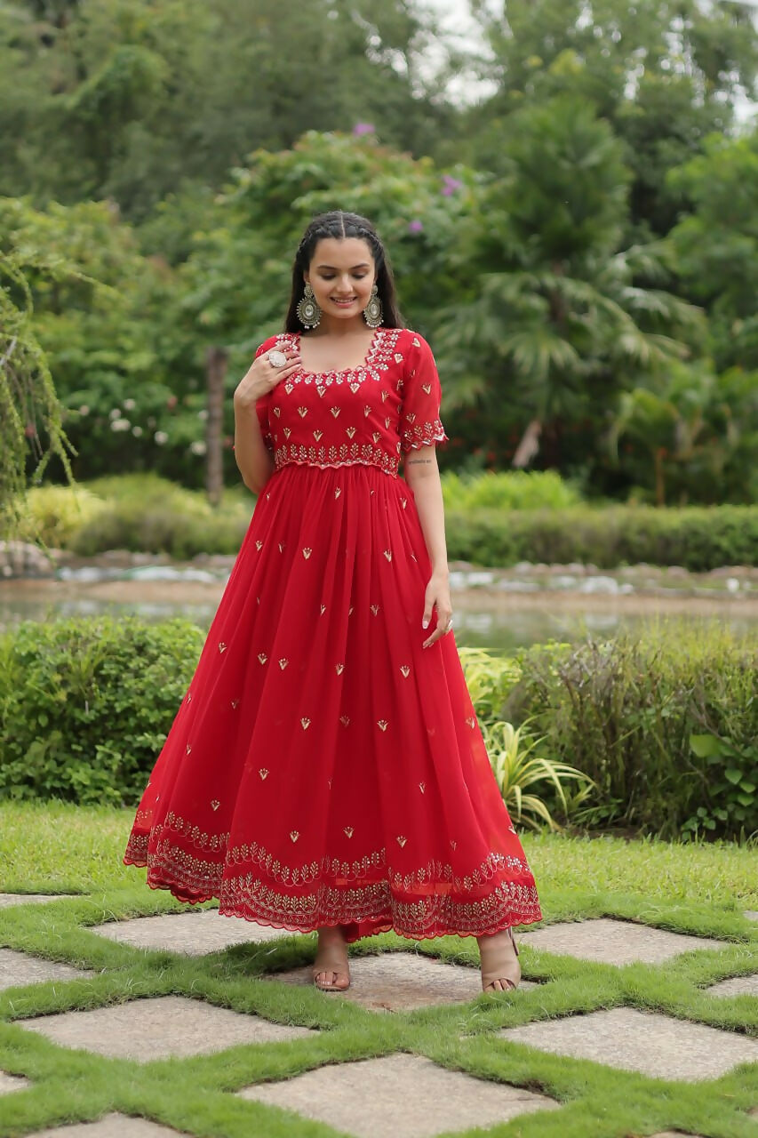 Vastranavya Premium Designer Faux Blooming with Embroidery Zari Sequins work Gown - Red