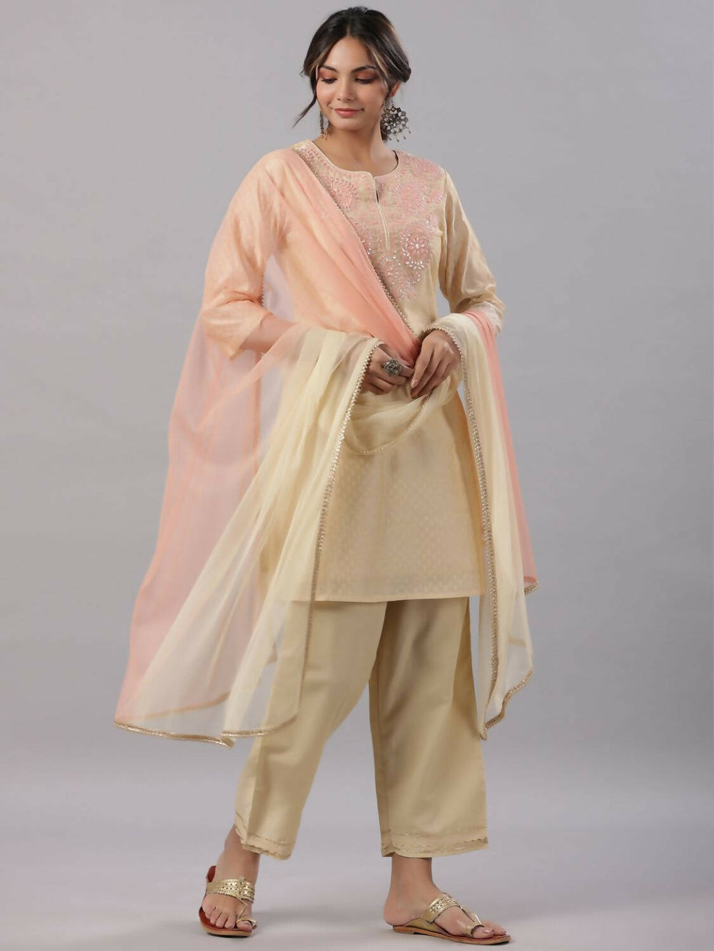 Juniper Women Gold Modal Chanderi Embroidered Kurta, Pants and Dupatta Set