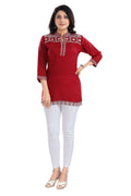 Snehal Creations Rosy Red Women Embroidered Boho Chic Tunic Top