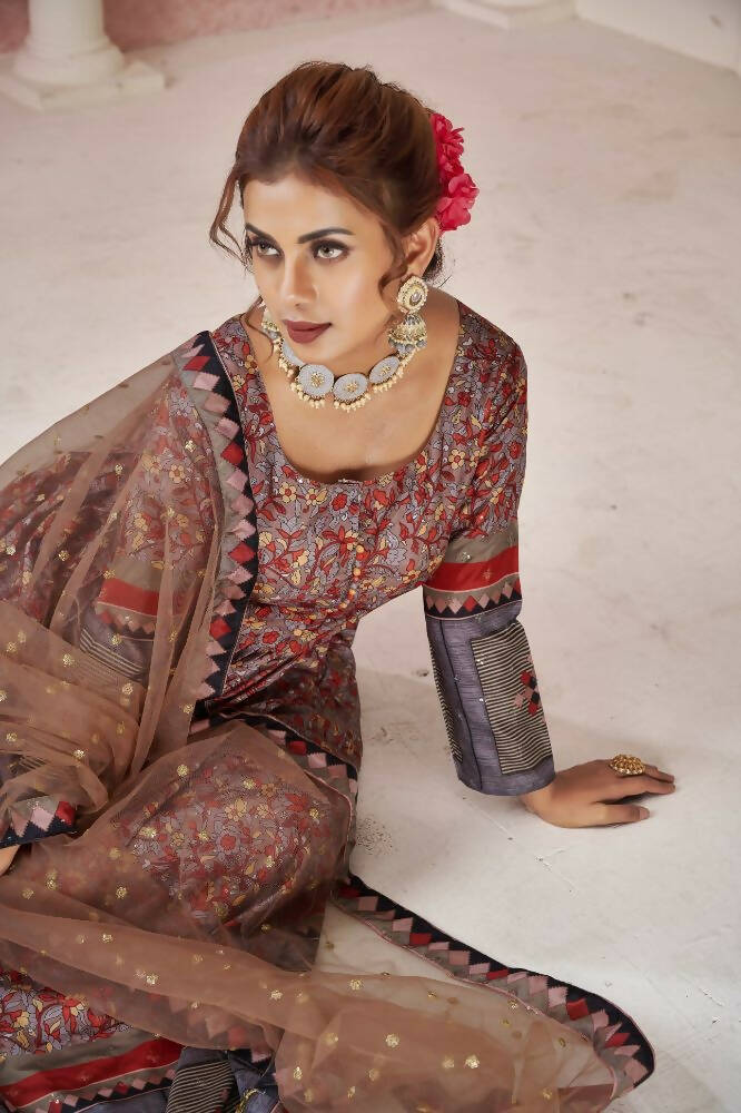 Everywhere Designer Maroon Dola Silk Gown With Dupatta - Anbazaar