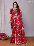 Red Pure Satin Embroidered Saree With Stitched Blouse - Nimaya Kaksha