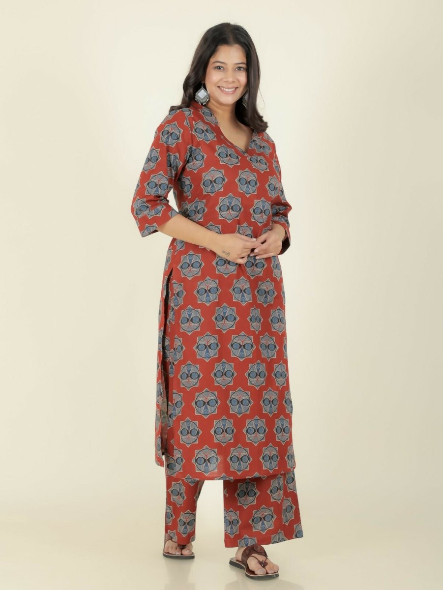 Aramya Red Soft Cotton Ajrakh Straight Kurta for Women
