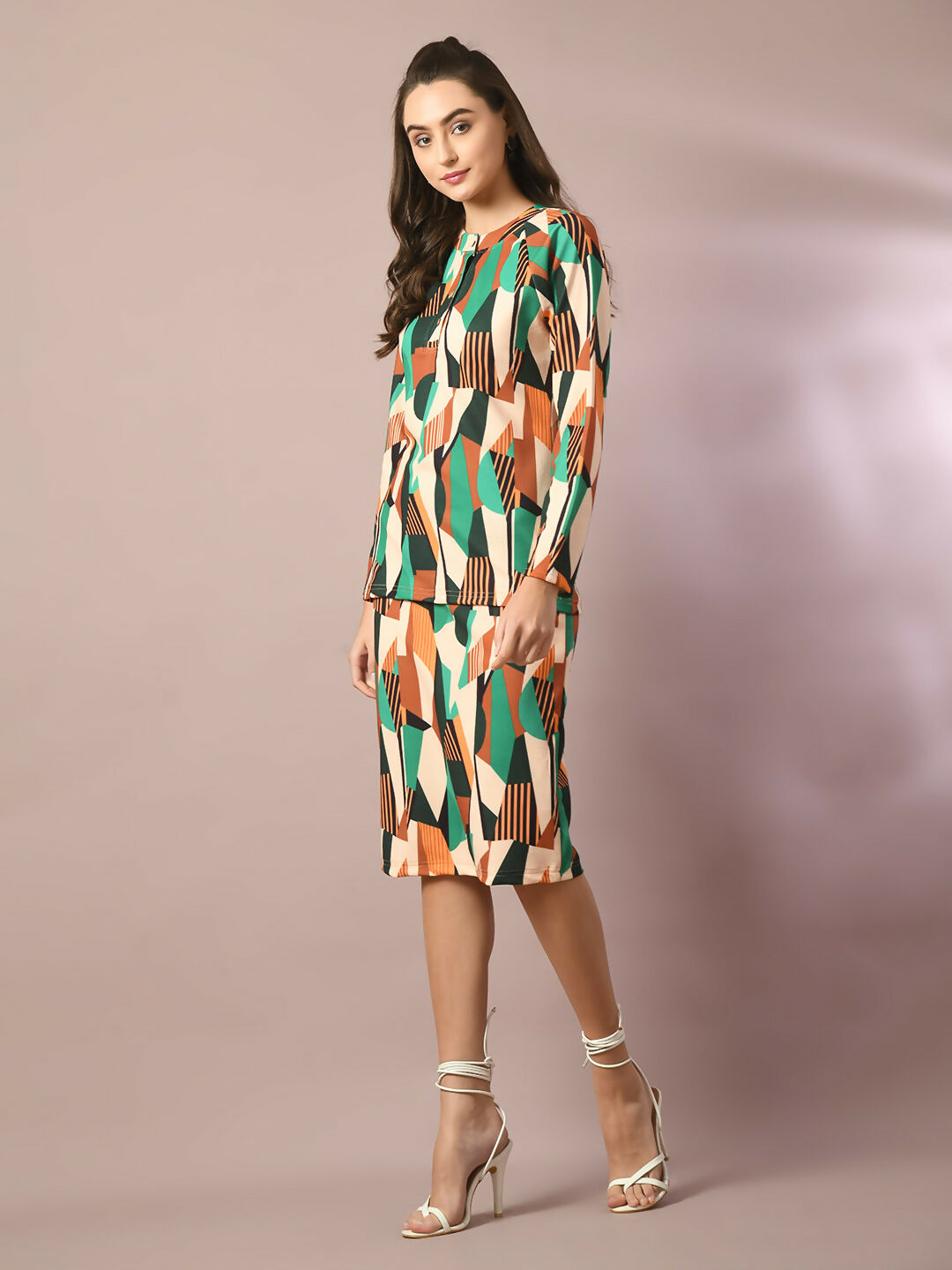Myshka Women's Multi Printed Round Neck Party Top With Skirt Co-ord set