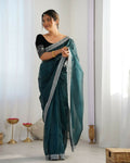 Attrctive Looking Gold Jari, Sequance Embroidery Work Twill Net Party Wear Saree - Rama