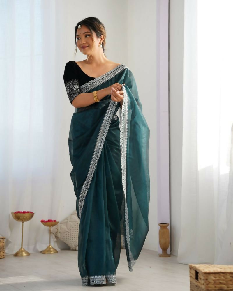 Attrctive Looking Gold Jari, Sequance Embroidery Work Twill Net Party Wear Saree - Rama